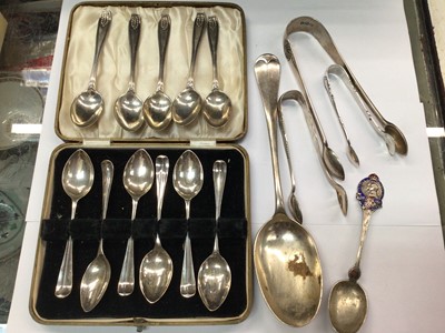 Lot 1074 - Set of six silver teaspoons in fitted case, other silver spoons and three pairs silver sugar tongs