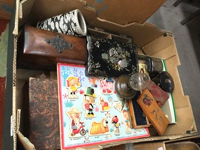 Lot 477 - Two vintage dolls, wooden boxes, dressing table items and sundries