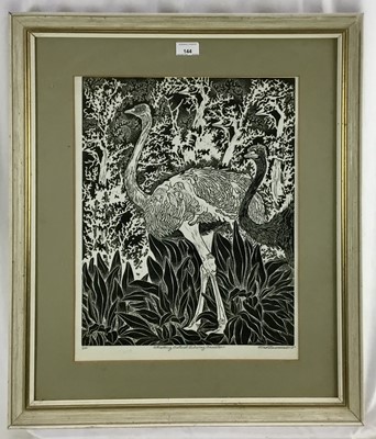 Lot 144 - 1980s English School signed studio proof - Strolling Ostich Echoing Ancestors, indistinctly signed Fred ? and dated '87, 47cm x 37cm, in glazed frame