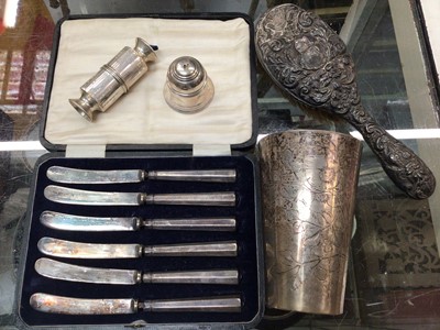 Lot 1095 - Continental white metal beaker (stamped 830), silver bell shaped ring box and one other silver container