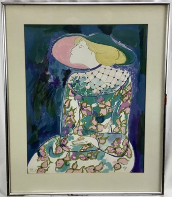 Lot 177 - Linda Le Kinff (b.1949) signed limited edition lithograph - Lady in a patterned dress, XIII/XX, with blindstamp, 63cm x 50cm, in glazed frame