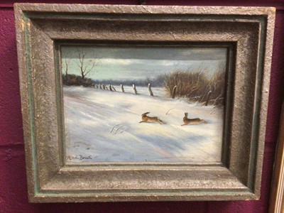 Lot 333 - H. V. D Bruck oil on board- rabbits in the snow, signed and framed