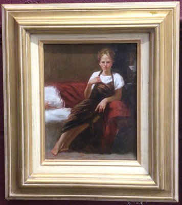 Lot 334 - Contemporary oil on board- seated girl, in glazed gilt frame