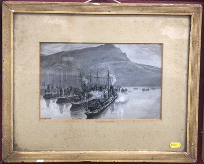 Lot 336 - Fred T Jane, early 20th century monochrome watercolour- Torpedo Boats at Rest