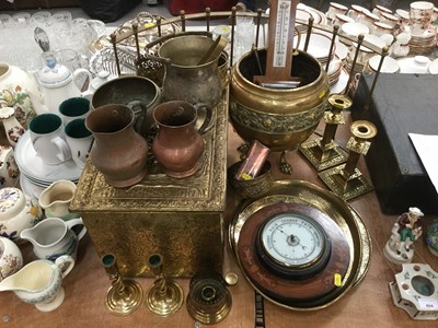 Lot 495 - Group of brass ware to include a pair of Victorian brass candlesticks, brass coal box, etc