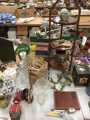 Lot 471 - 19th century cut glass decanter, other decanters and glass, mahogany collapsable cake stand