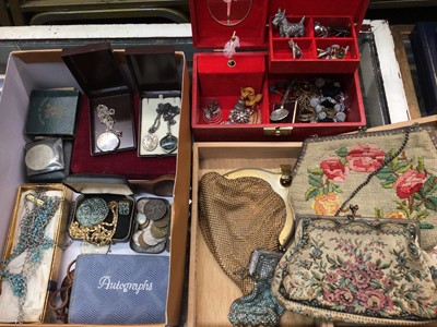 Lot 1057 - Vintage costume jewellery including three silver pendants on chains, silver Scotty dog brooch, various coins, evenings bags and bijouterie