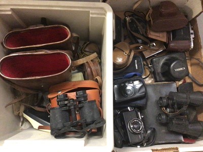 Lot 339 - Two boxes of vintage binoculars, cases, cameras and accessories