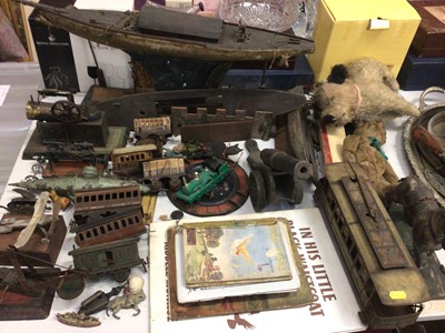 Lot 340 - Group of vintage toys including wartime submarine, tin plate trains and carriages, wooden boat, bears etc