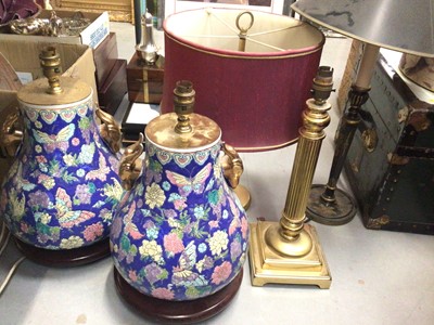 Lot 347 - Pair of Oriental ceramic table lamps, two brass column lamps and one other (5)