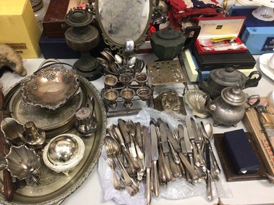 Lot 341 - Group silver plate to include trays, teapots, egg cups, other metal ware and cutlery, some boxed sets