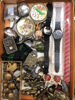 Lot 1061 - Silver compact, silver shoe pin cushion, silver spoon, Eastern vesta case, watches, military buttons etc