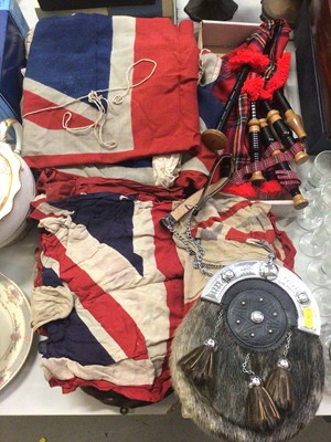 Lot 329 - Vintage Union Jack flags, contemporary sporran and set of bagpipes