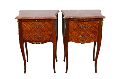 Lot 1438 - Pair of 19th century style French parquetry bedside tables with marble tops