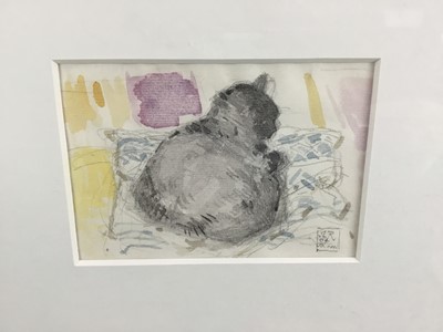 Lot 154 - Jacqueline Rizvi (b.1944) pencil and watercolour cat sketch- Joanna on a Cushion
