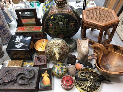 Lot 365 - Chinese cloisonné round box, Eastern brass hanging lantern/incense burner, metal wares, treen and other items