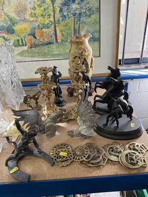 Lot 233 - Pair of 19th century ormolu rococo candlesticks, and various items including metal figures, Chinese soapstone vase