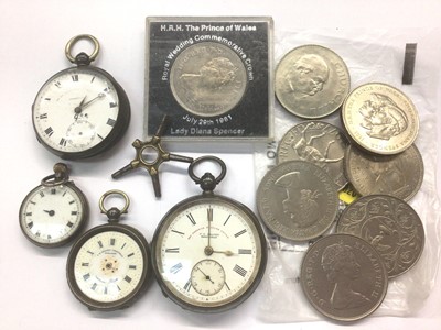 Lot 1027 - Four silver cased pocket/fob watches, wining key and lot commemorative coins