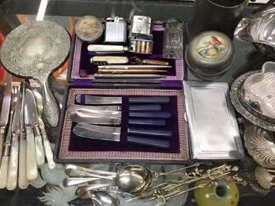 Lot 452 - Group of plated ware, mother of pearl handled fruit knives, lighters, pens and other items