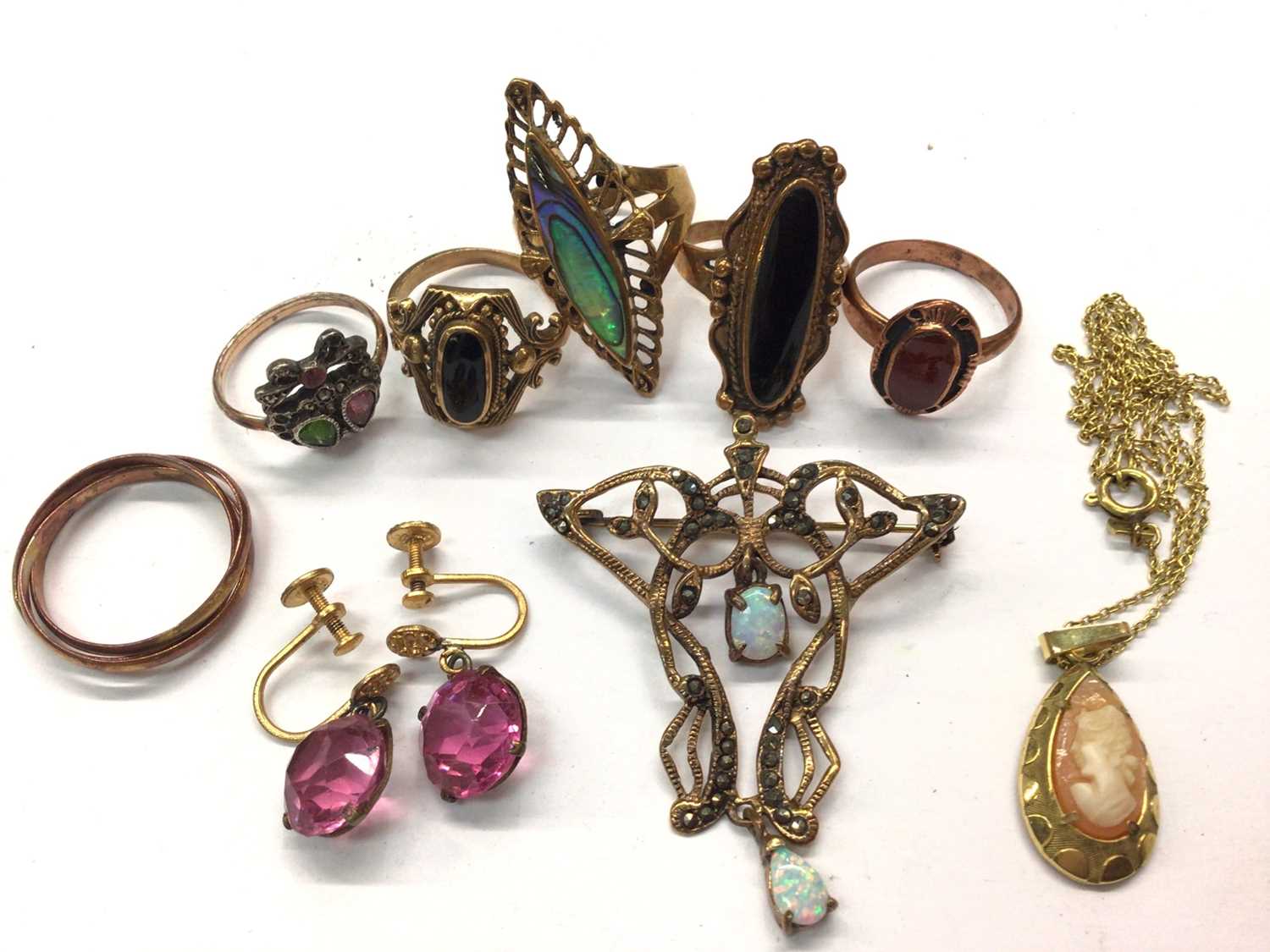 Lot 10 - Group brass dress rings, pair pink stone screw back earrings, Art Nouveau style brooch and cameo necklace