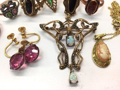 Lot 10 - Group brass dress rings, pair pink stone screw back earrings, Art Nouveau style brooch and cameo necklace
