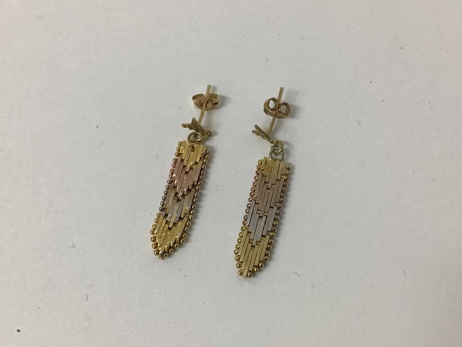 Lot 205 - Pair 9ct three colour gold pendant earrings