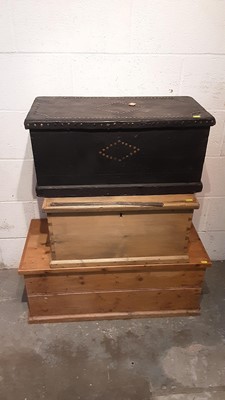 Lot 1309 - Three antique pine blanket boxes (3)