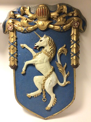 Lot 125 - Pair impressive 1950s crowned Royal lion and unicorn wall shields