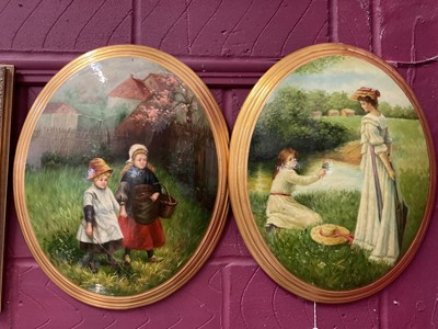 Lot 217 - Pair of painted ceramic oval pictures