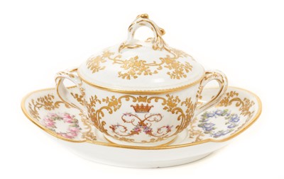 Lot 17 - Fine 19th century English Sevres -style armorial porcelain consommé bowl,cover and stand