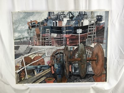 Lot 3 - *Dione Page (1936-2021) two works, gouache and pastel on paper laid on card -‘The Shipyard’, and Inisheer beach, signed, titled and dated, both 77cm x 60cm, unframed