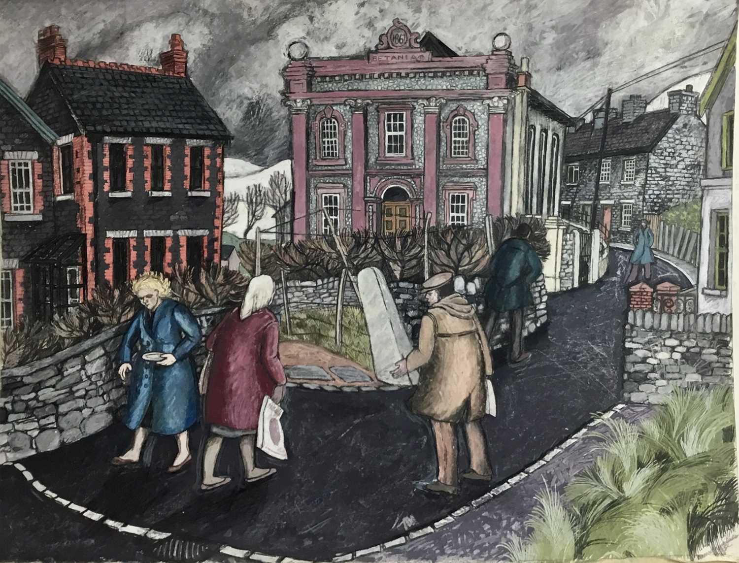 Lot 6 - *Dione Page (1936-2021) gouache and pastel on paper laid on card - ‘Penmachno’ street scene, signed titled and dated ‘88, unframed