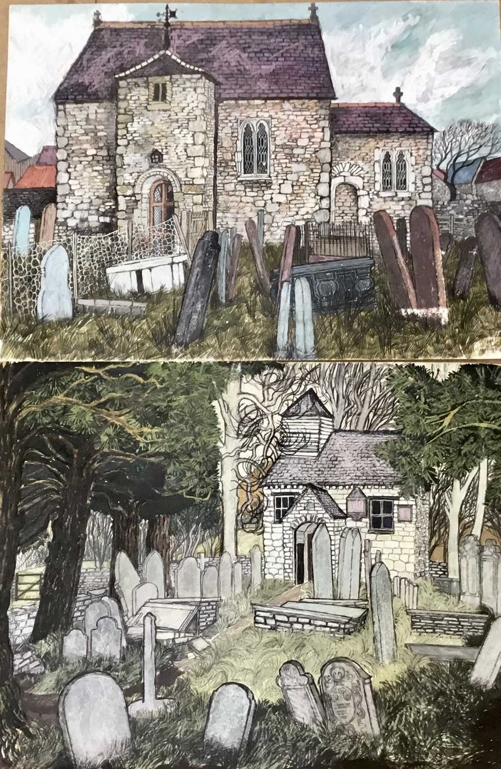 Lot 7 - *Dione Page (1936-2021) two works, gouache and pastel on paper - ‘Old Byland Chapel’ and another similar, signed and titled, unframed