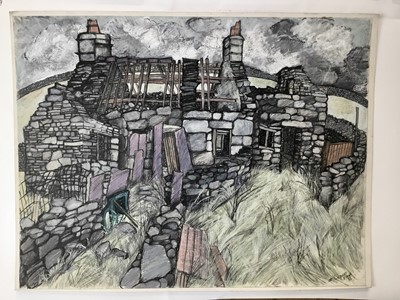 Lot 8 - *Dione Page (1936-2021) two works, gouache and pastel on paper - ruined house and another ‘At Cilgwyn’, signed, unframed