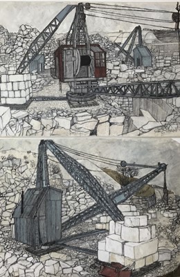 Lot 10 - *Dione Page (1936-2021) two works, gouache and pastel on paper - ‘A Portland Stone Quarry’, and another similar, signed, titled and dated, unframed