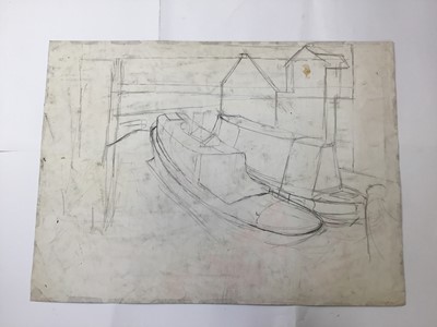 Lot 13 - *Dione Page (1936-2021) gouache and pastel on paper - canal boats, signed and titled indistinctly, pencil sketch verso, 77cm x 57cm unframed