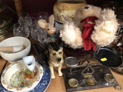 Lot 874 - Selection of decorative china and glassware, plus a set of postal scales with weights and brass spirit kettle with burner under