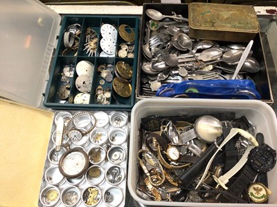 Lot 1065 - Watches and watch parts, collection of plated souvenir spoons and a Princess Mary tin