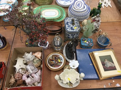 Lot 609 - Antique corner wall shelf, decorative ceramics, cloisonné, Moore Brothers basket, Baxter print, cloisonne box, hardstone trees, etc