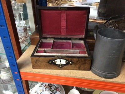 Lot 93 - Victorian walnut sewing box, pewter tankard engraved 'King's Arms', silver plated items and a Brandy barrel
