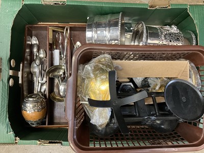 Lot 291 - Box of silver plate including wine cooler, Argentinian tea masser, other items, also set of scales