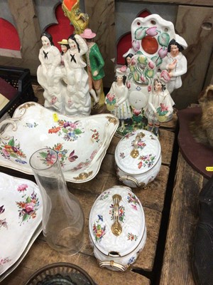 Lot 38 - Group of 19th century Crown Derby floral painted dinner wares, including a pair of tureens, together with Staffordshire figures, an etched Victorian oil lamp shade and a majolica footed dish