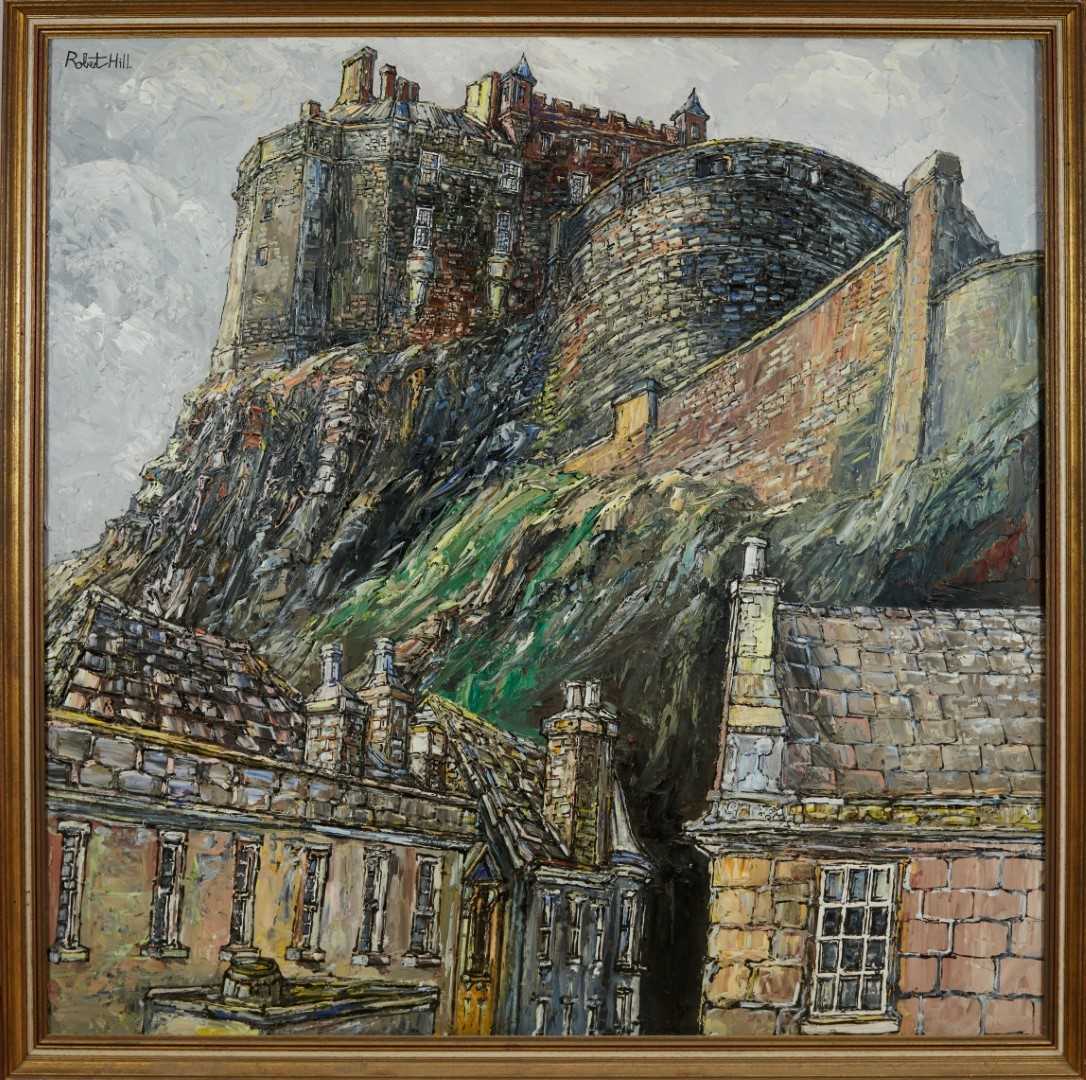 Lot 1162 - Robert William Hill (1932-1990), oil on board - Edinburgh Castle, signed, 122cm square, framed