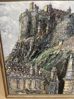 Lot 1162 - Robert William Hill (1932-1990), oil on board - Edinburgh Castle, signed, 122cm square, framed