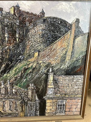 Lot 1162 - Robert William Hill (1932-1990), oil on board - Edinburgh Castle, signed, 122cm square, framed