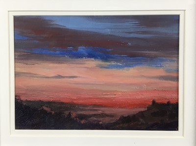 Lot 62 - David Slater (b.1943) acrylic on board - ‘Sunset over the Desert’, monogrammed, 16.5cm x 12cm, in glazed frame