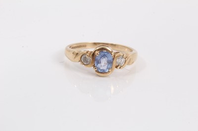 Lot 62 - 9ct gold diamond half eternity ring, 9ct gold diamond and blue stone ring and 9ct gold ring set with a single stone diamond in rub over setting (3)