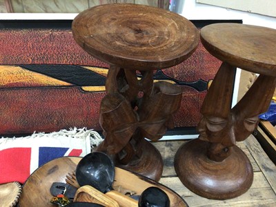 Lot 41 - Collection of mostly South African tribal items, including a pair of stools, Impala skin, etc