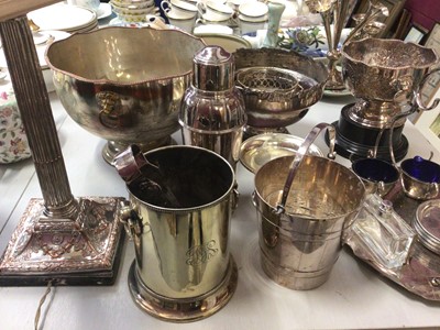 Lot 326 - Silver plated column lamp with shade, plated punch bowl, trophy, ice bucket, cocktail shaker and other plated items