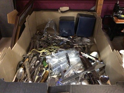 Lot 828 - Box of plated flat ware, wooden sewing box, biscuit barrel, brass candle sticks and photo album etc.